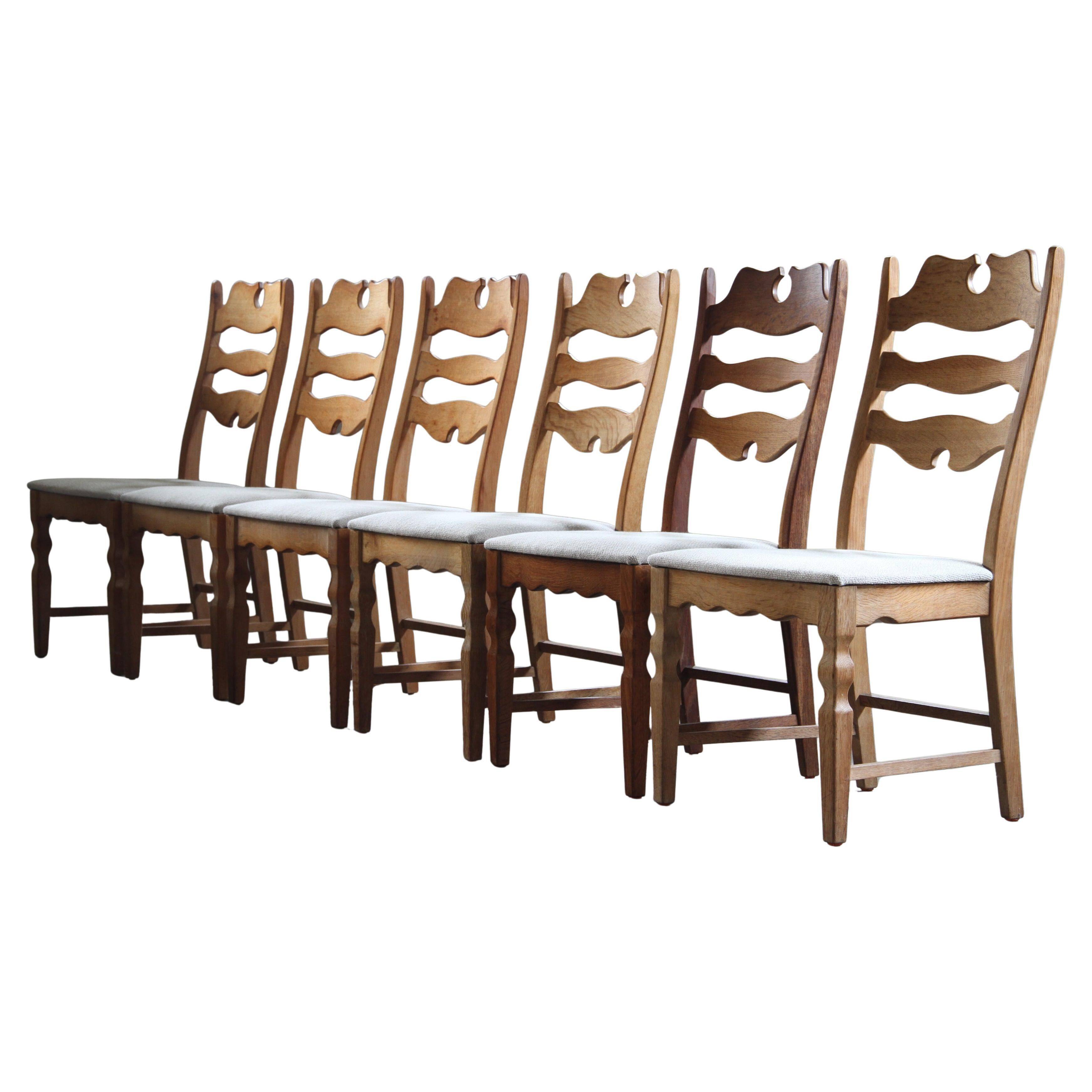 Set of 6 vintage Danish oak razorblade highback chairs by H. Kjærnulf, 1960s