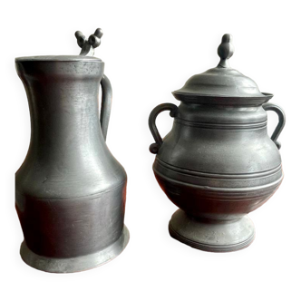 Duo pewter pitcher and tureen