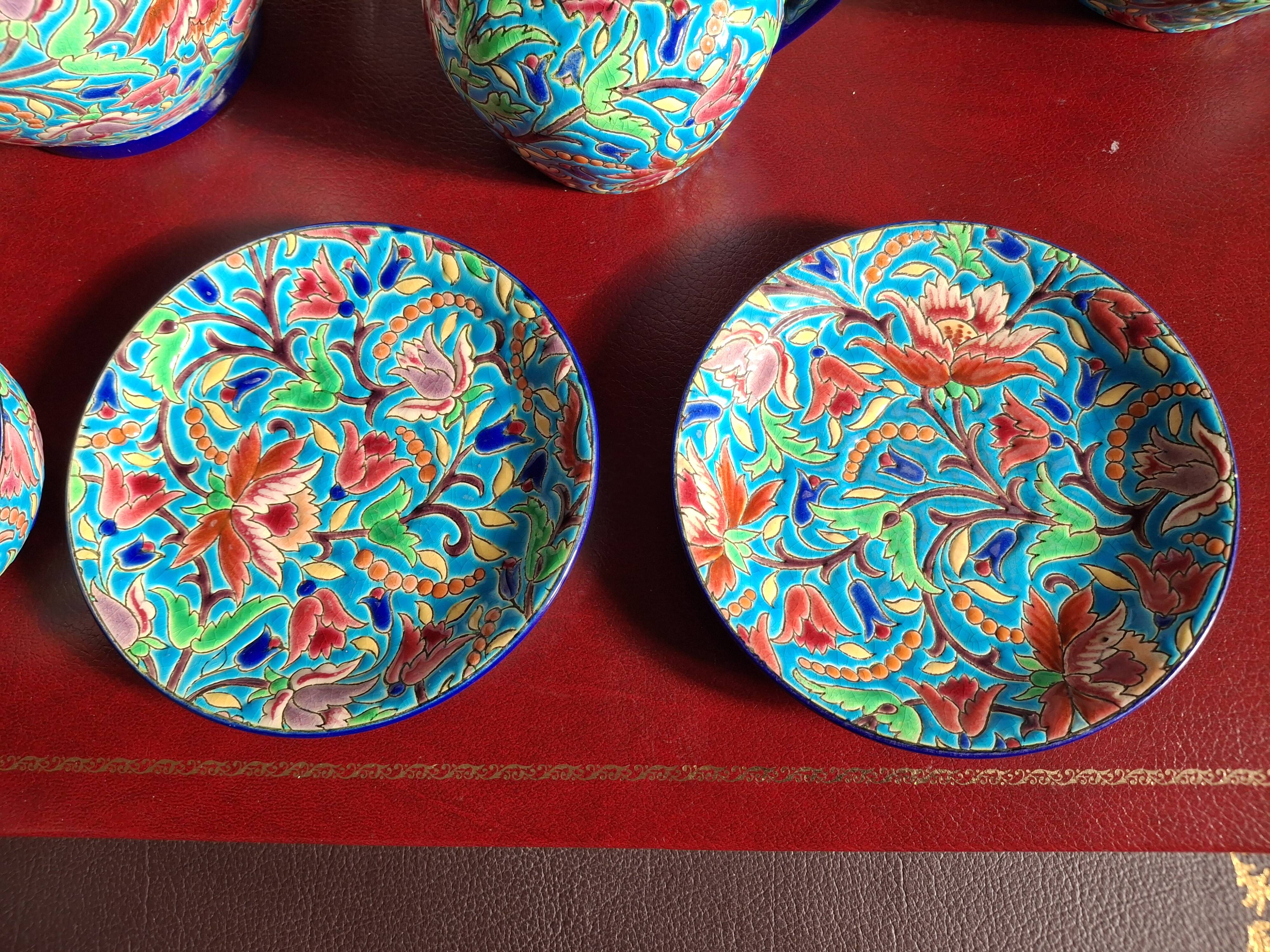 Cloisonné enamel tea service from Longwy in excellent condition.