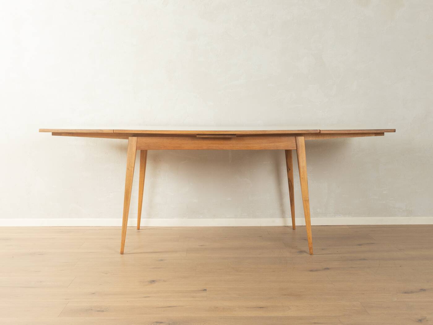 Classic extendable dining table from the 1950s, solid ash wood, new cream white Resopal top