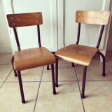 Duo of brown child school chairs
