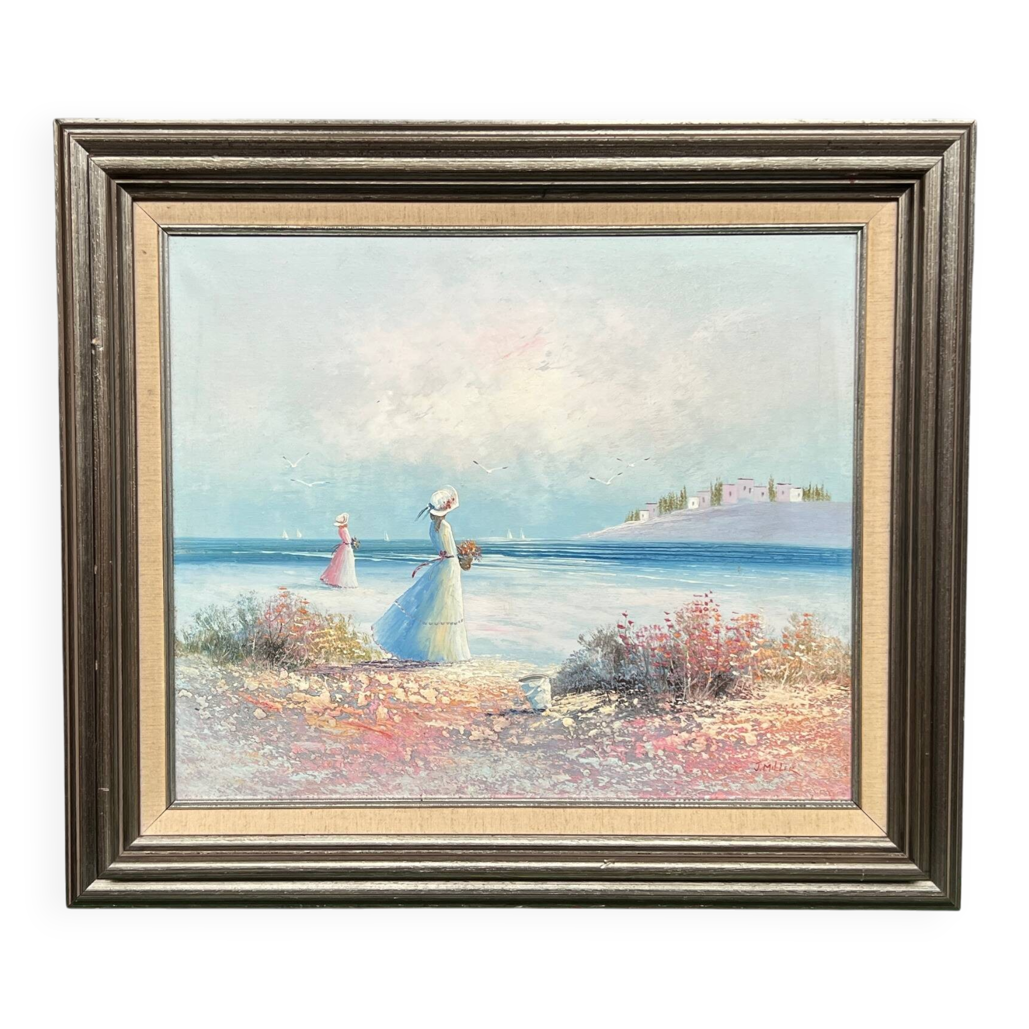 J. Miller. "Riverside Walk." Oil on canvas. Impressionism.