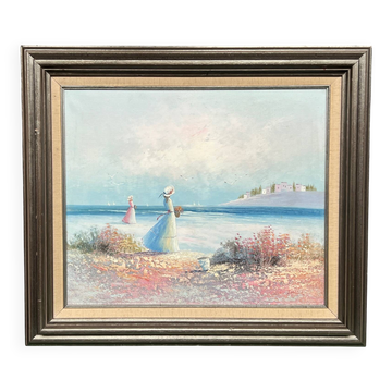 J. Miller. "Riverside Walk." Oil on canvas. Impressionism.