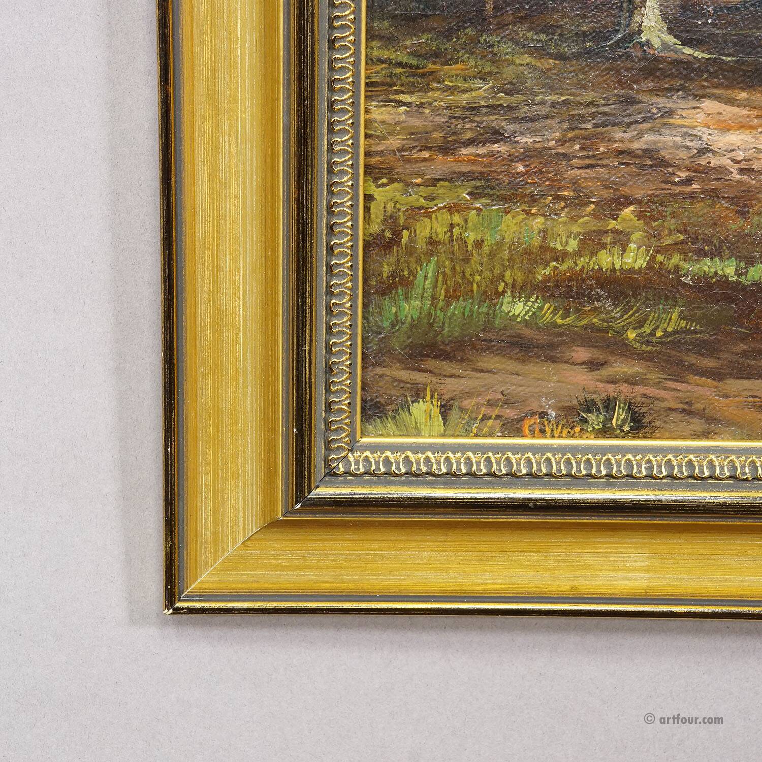 19th-century Biedermeier landscape painting with a lake and trees.