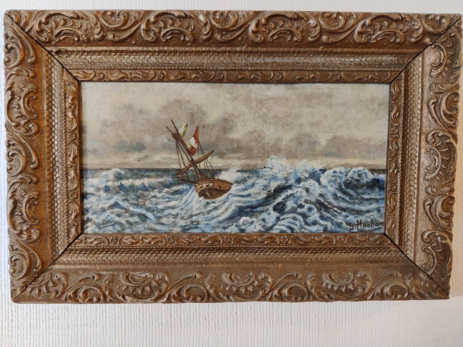 Lot of 2 old marine paintings on wood signed G. Haubois - Gilded frame