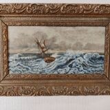 Lot of 2 old marine paintings on wood signed G. Haubois - Gilded frame