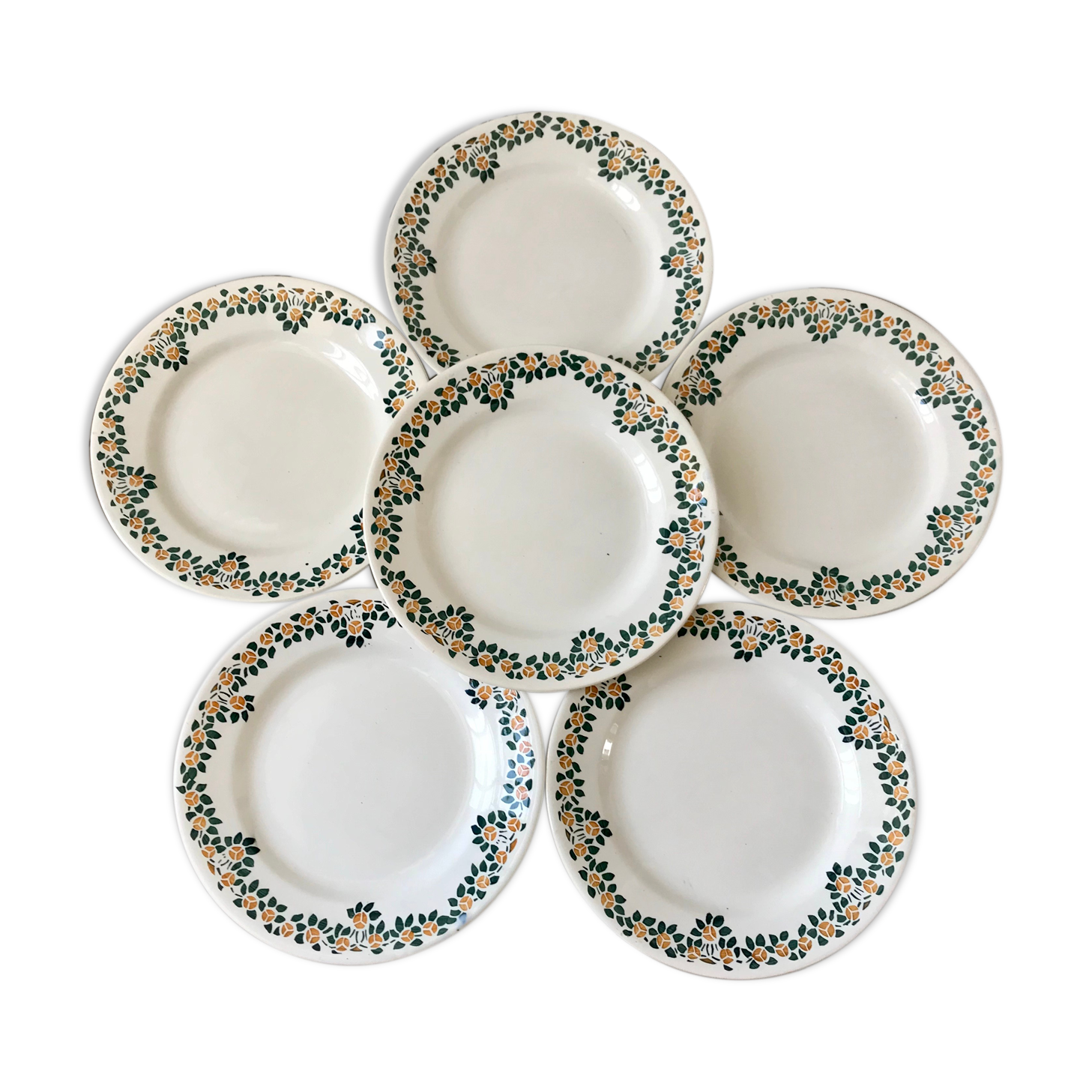 Set of 6 flat plates earthenware New Givors model "RIta" 30s
