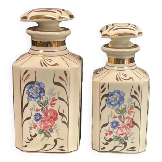2 old bottles porcelain limoges floral decoration peonies nets gold 15 and 17 cm