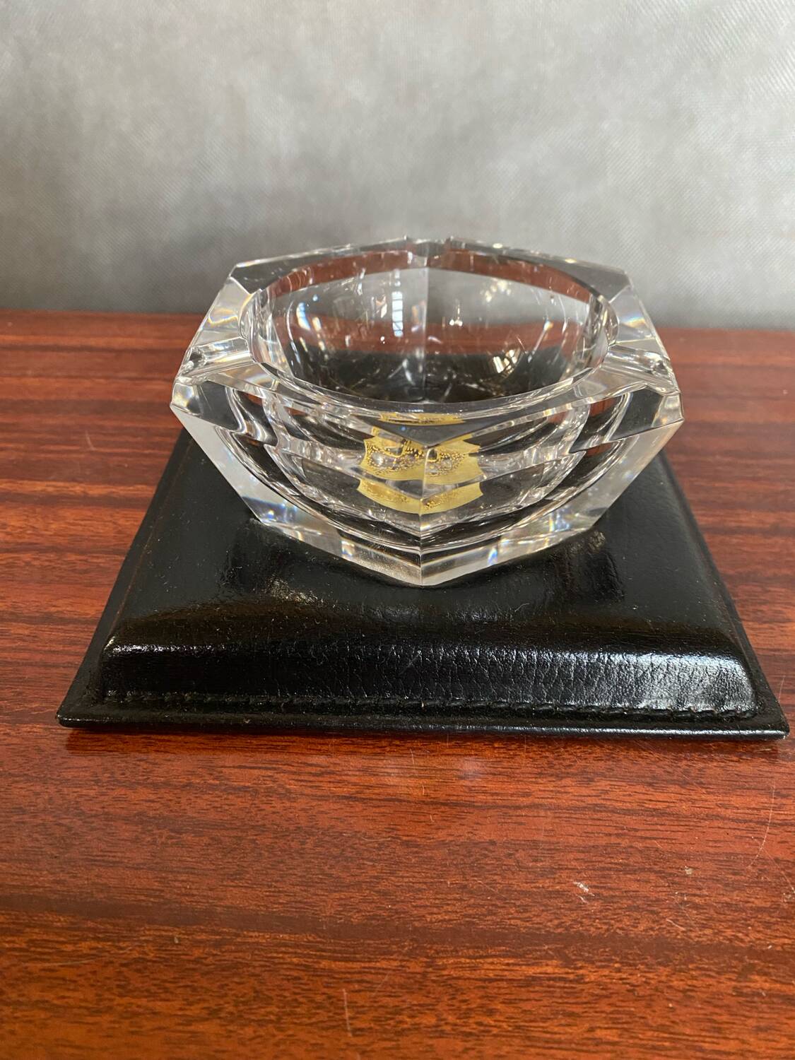 Old Val St Lambert Crystal Ashtray + Le Tanneur Leather Holder + Box