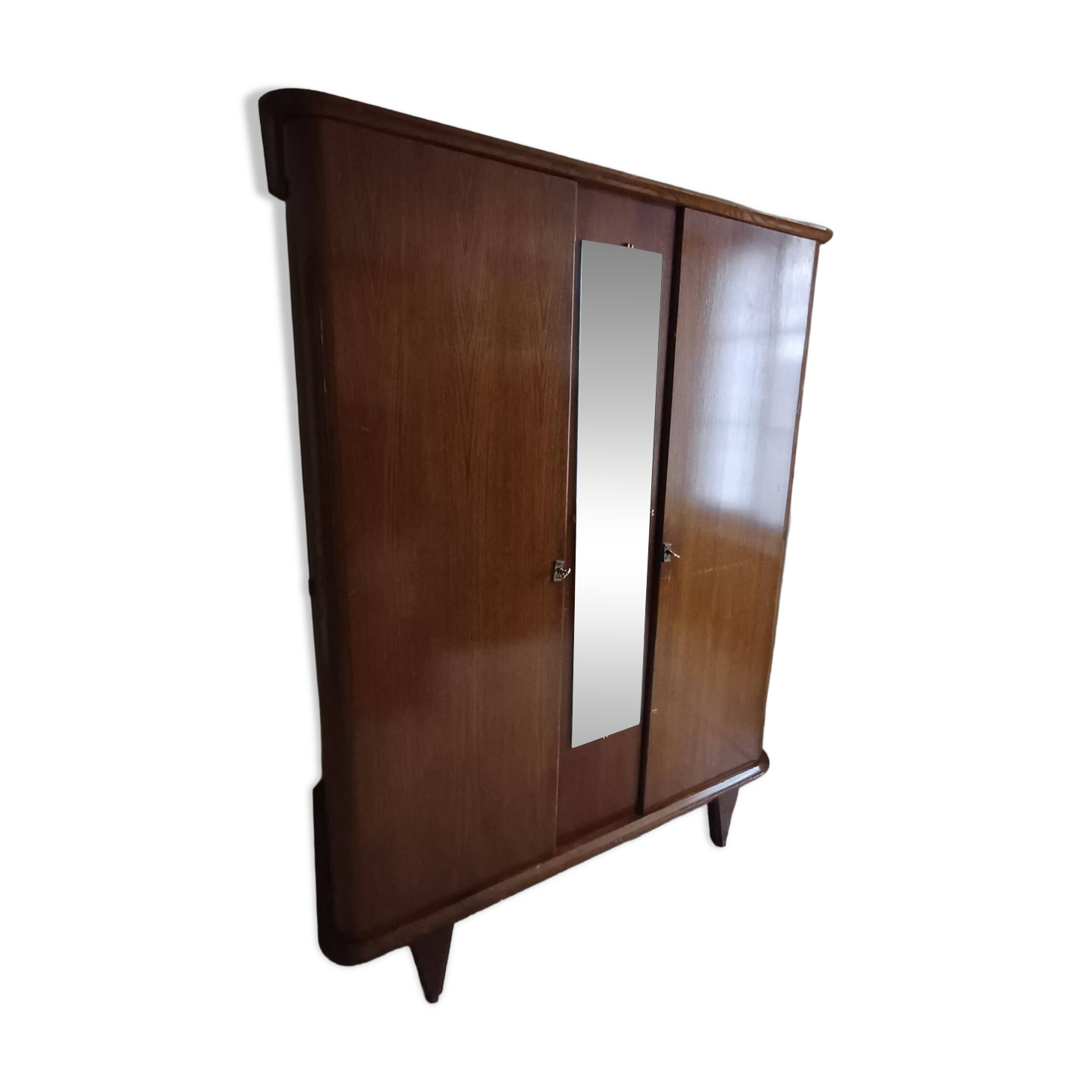 Vintage 1960s wooden wardrobe with a central mirror and tapered legs.