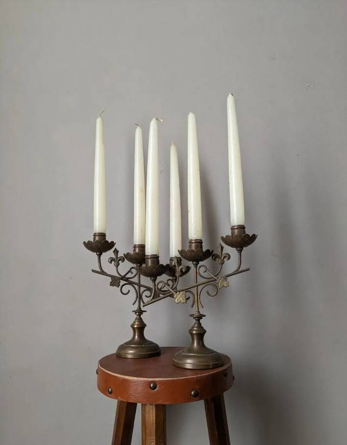 Pair of baroque country candlesticks ivy fleur-de-lys