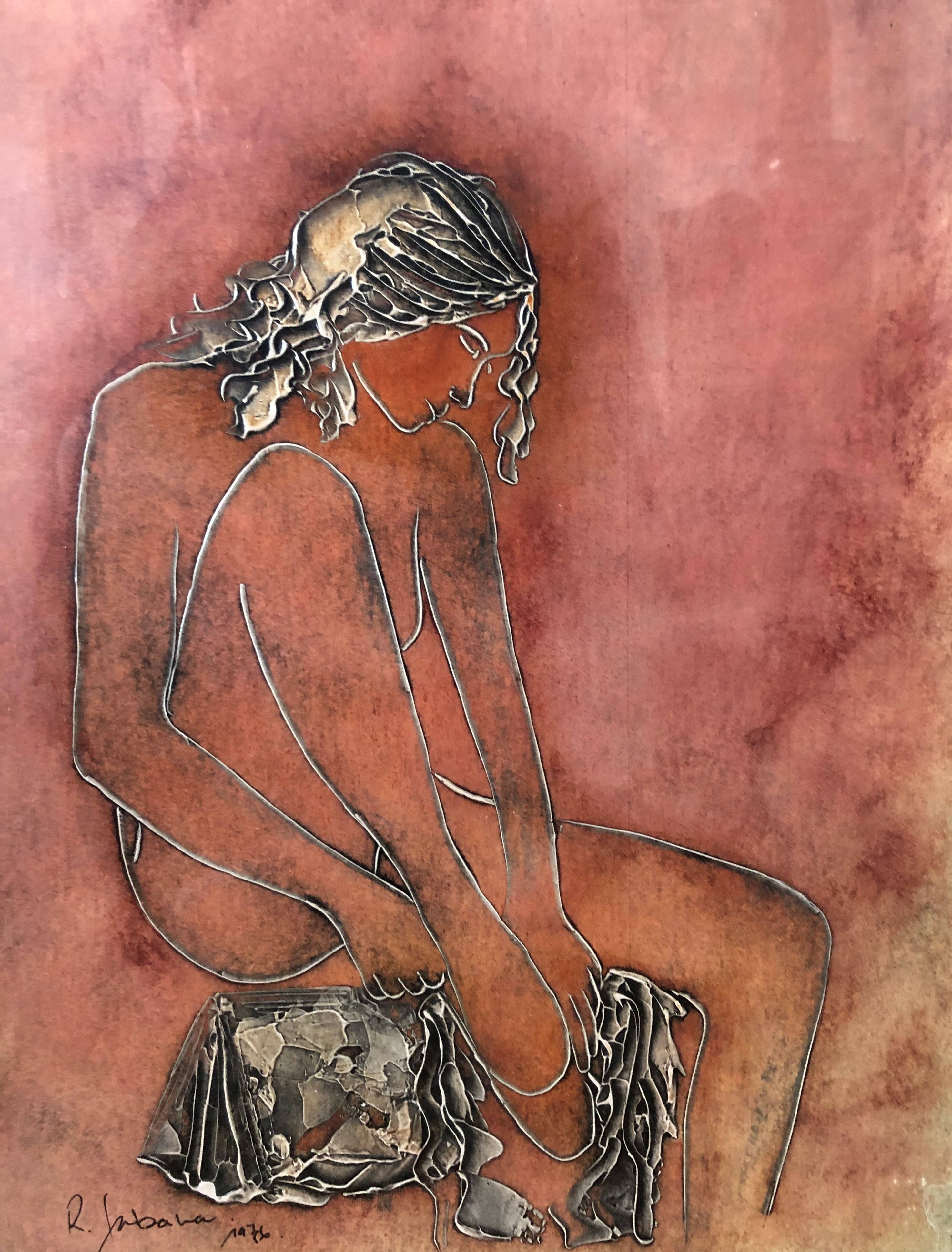 Lithograph: young woman coming out of the bath