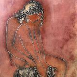 Lithograph: young woman coming out of the bath