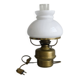 Vintage brass lamp with white opaline glass shade.