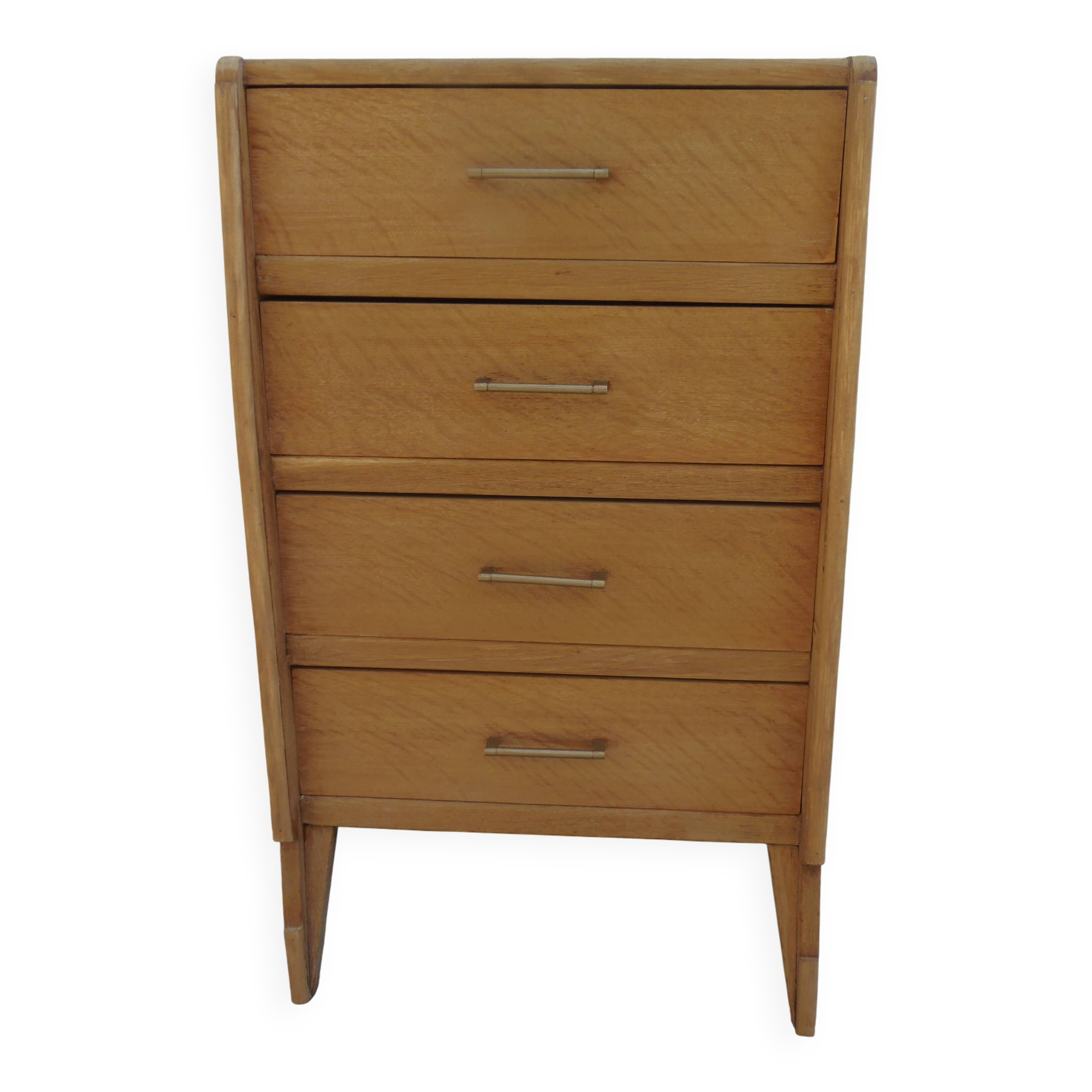 Vintage chest of drawers in raw wood.