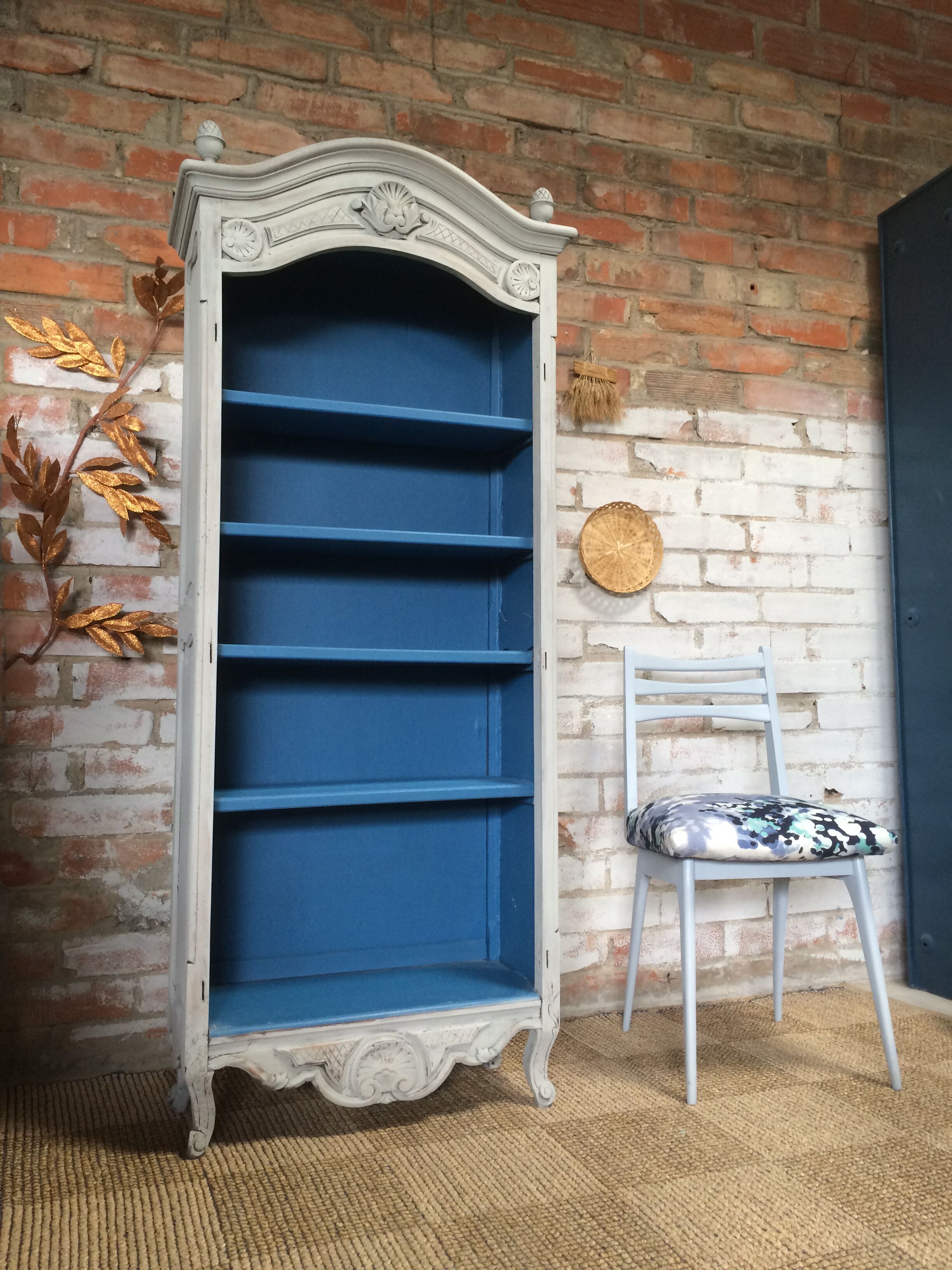 Old bookcase gray & blue wood mouldings