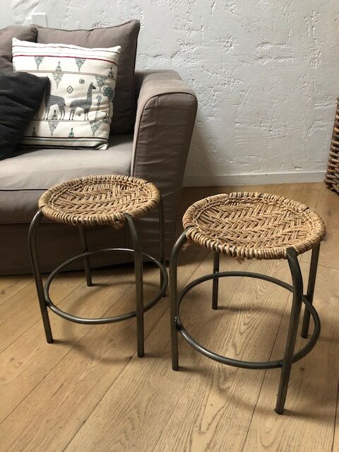 Pair of metal and rope stools