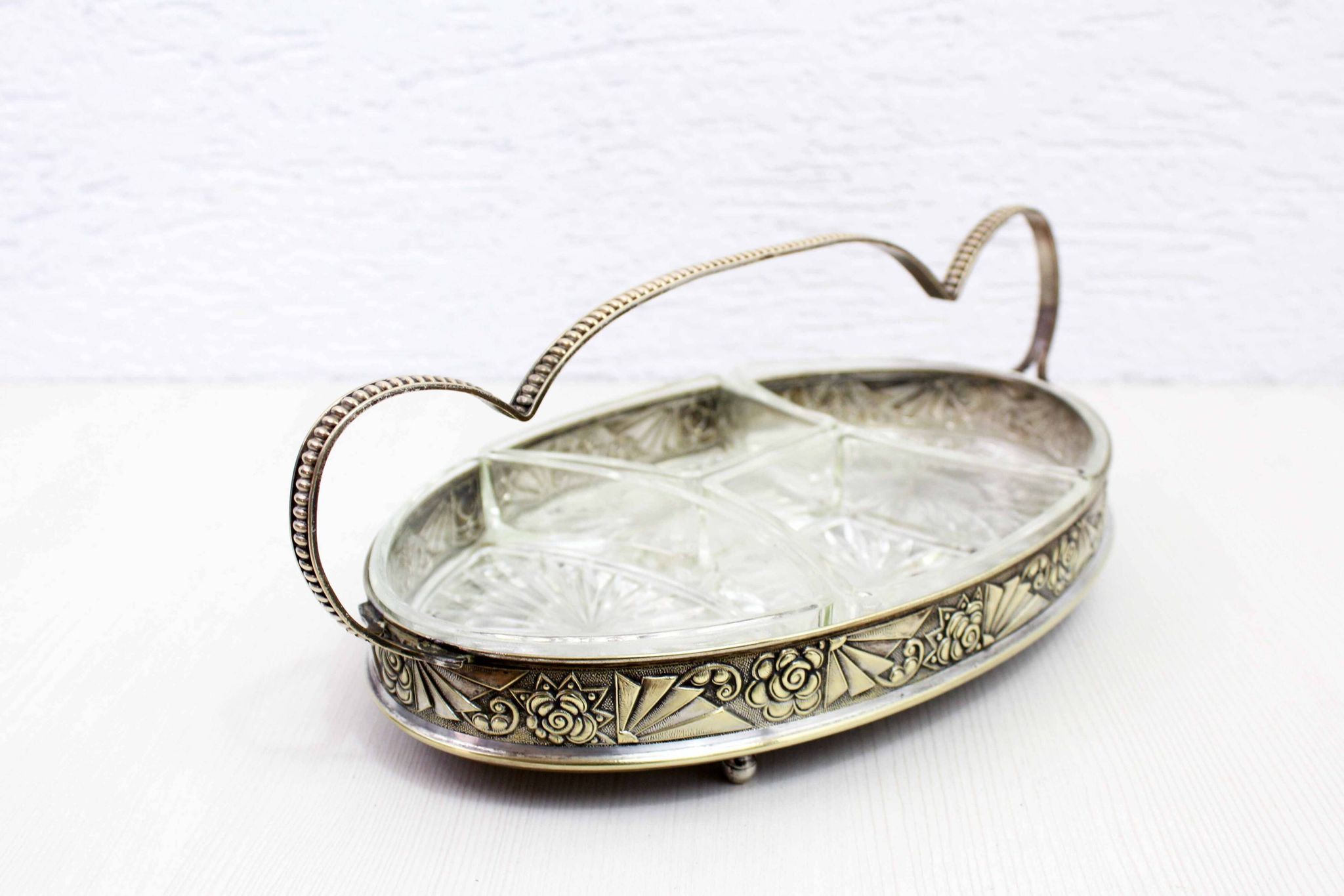 Art Deco silver metal tray with 4 ramekins