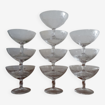 10 glasses of antique Art Deco engraved crystal champagne