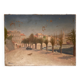 Scène de plage French Riviera huile sur toile 1950