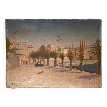 Scène de plage French Riviera huile sur toile 1950