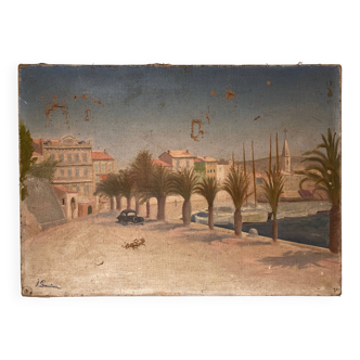 Scène de plage French Riviera huile sur toile 1950