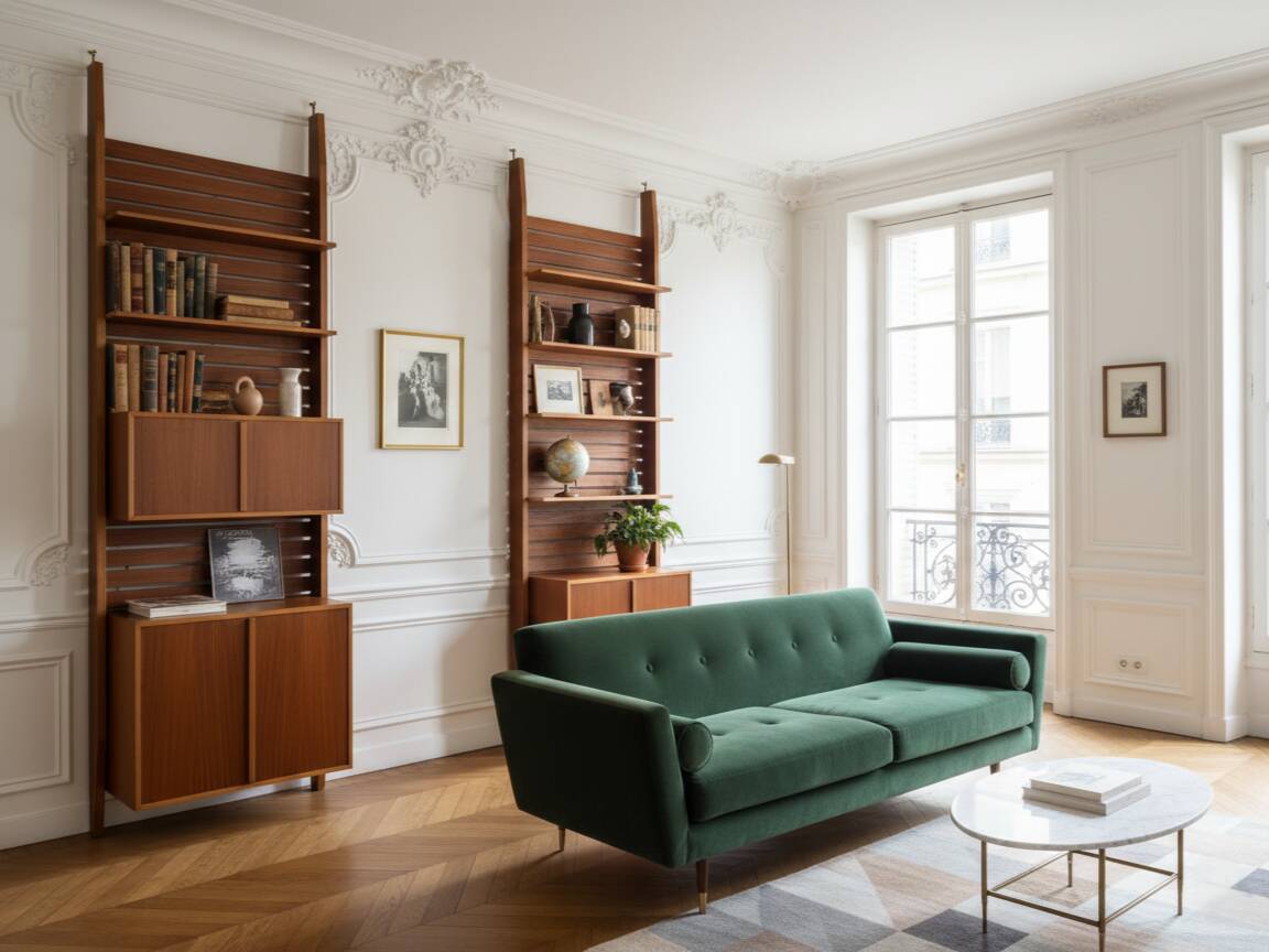 1950s Italian mid-century teak floor-to-ceiling wall unit
