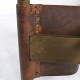 Vintage x-base oak and saddle leather folding safari stool Hungary, 1970