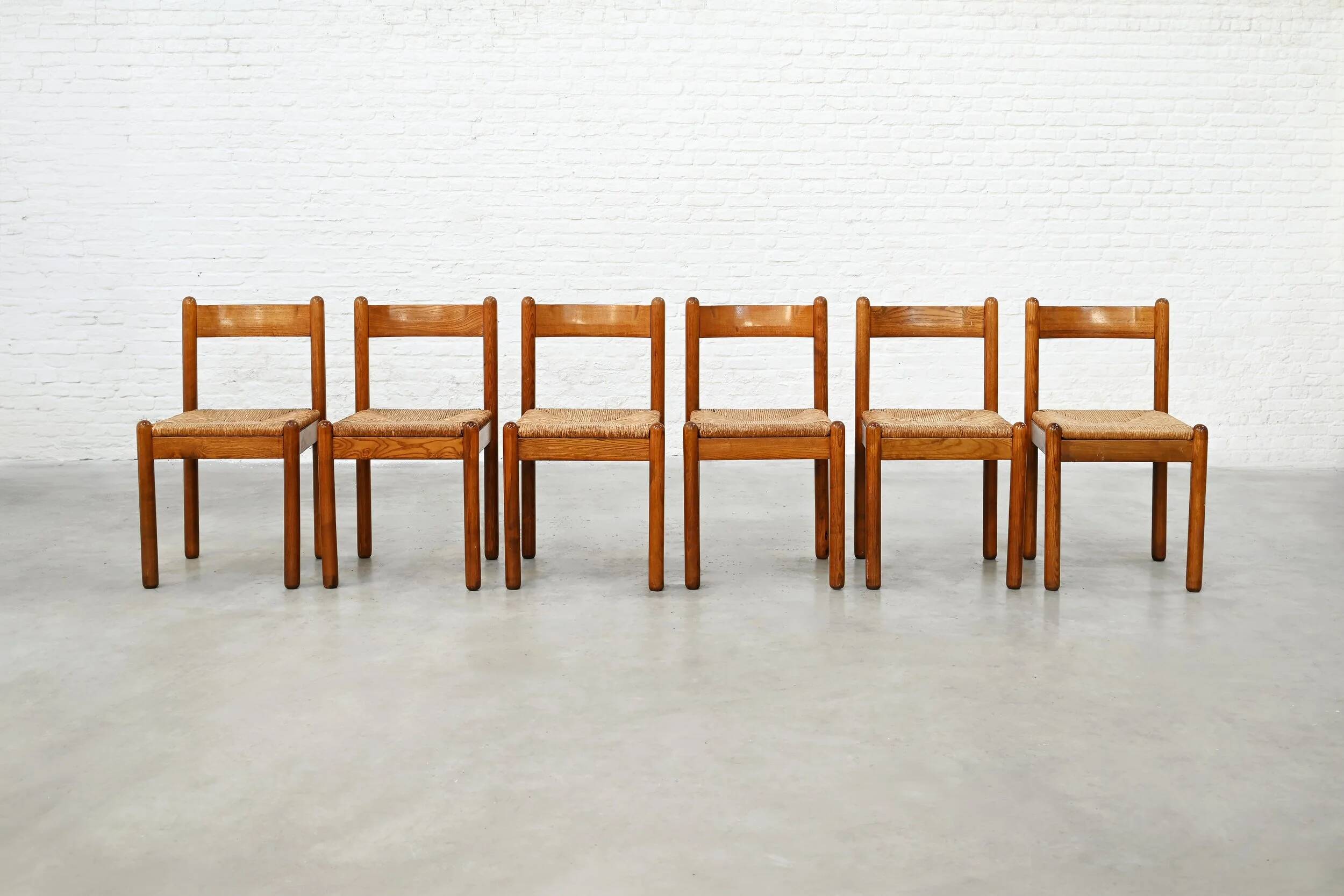 Set of six French oak dining chairs with rush seats, 1970s