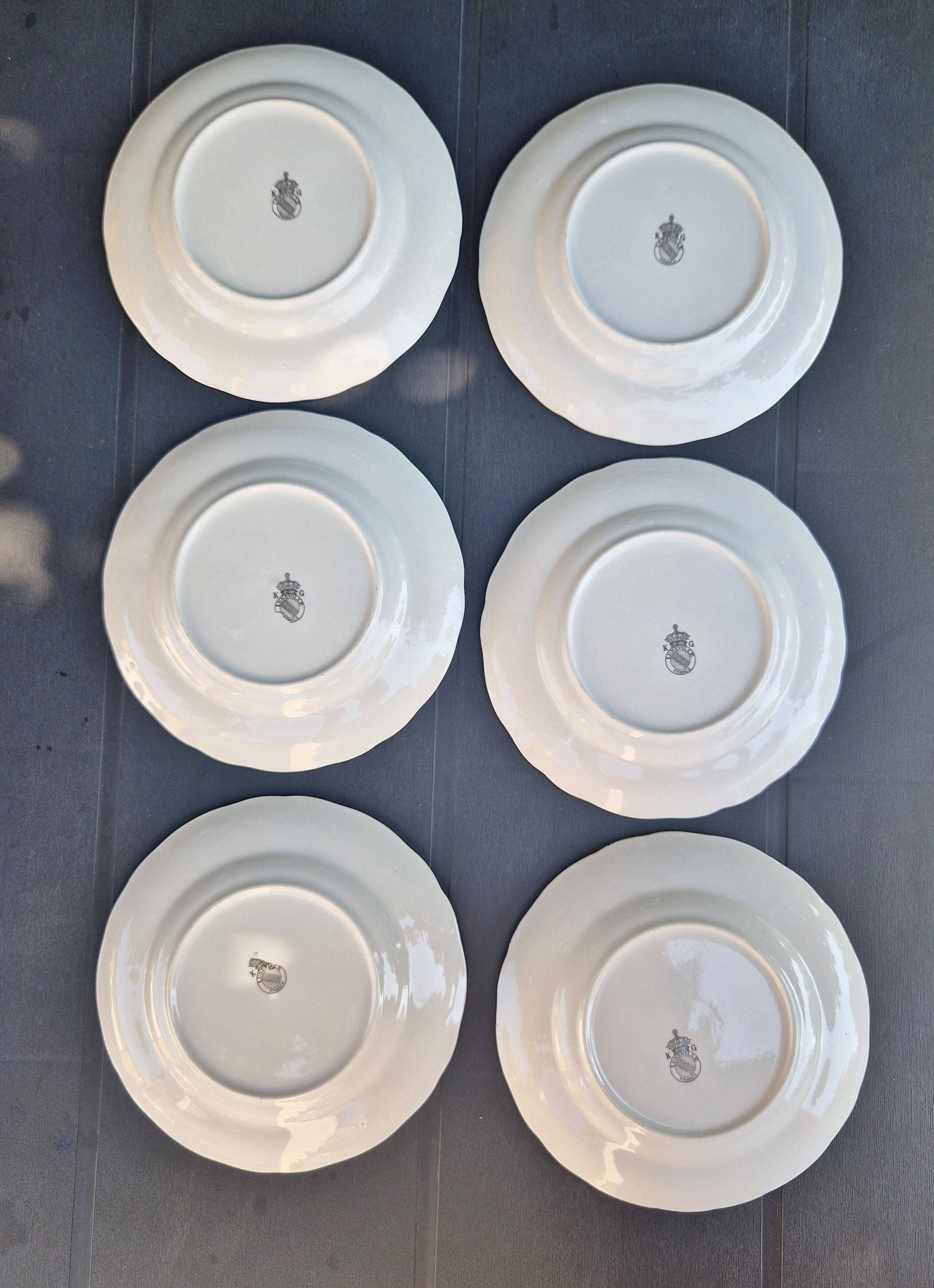 Lot de 6 assiettes à dessert KG Lunéville liseré bleu et fleurs jaunes et bleu jaune