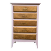 Vintage powder pink compass leg chest of drawers from the 1950s