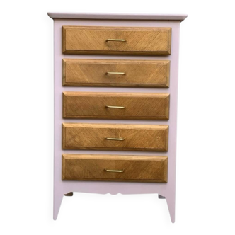 Vintage powder pink compass leg chest of drawers from the 1950s