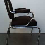 Space age designer armchair with chrome base and brown fabrics vintage 1960
