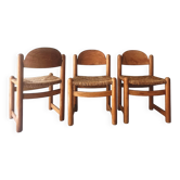 3 chaises paillées italiennes en bois tourné, Hank Loewenstein 1970