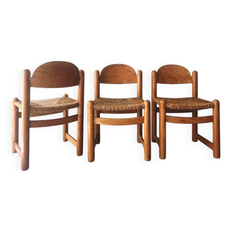 Set of 3 Italian turned wood straw chairs, hank loewenstein 1970