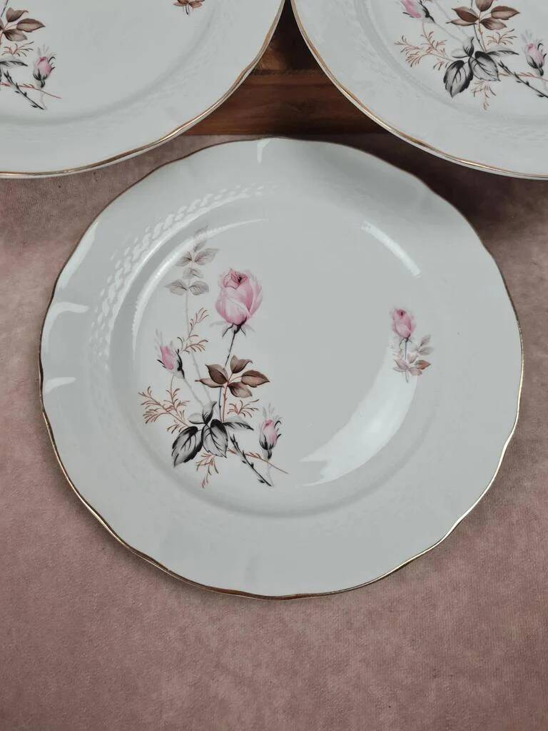 Set of 6 porcelain plates Tognana – antique rose pattern & gold rim