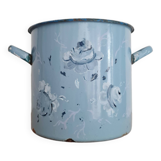 Cache pot - planter in blue enameled sheet metal with painted flowers