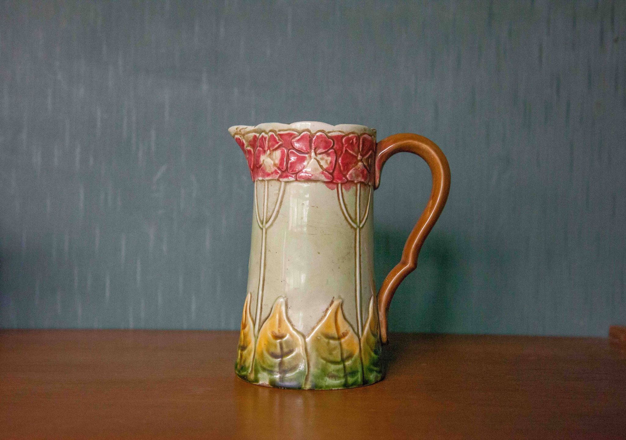 Vintage old earthenware pitcher, French pitcher, Art Nouveau, floral pattern pitcher, kitchen decor