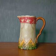 Vintage old earthenware pitcher, French pitcher, Art Nouveau, floral pattern pitcher, kitchen decor