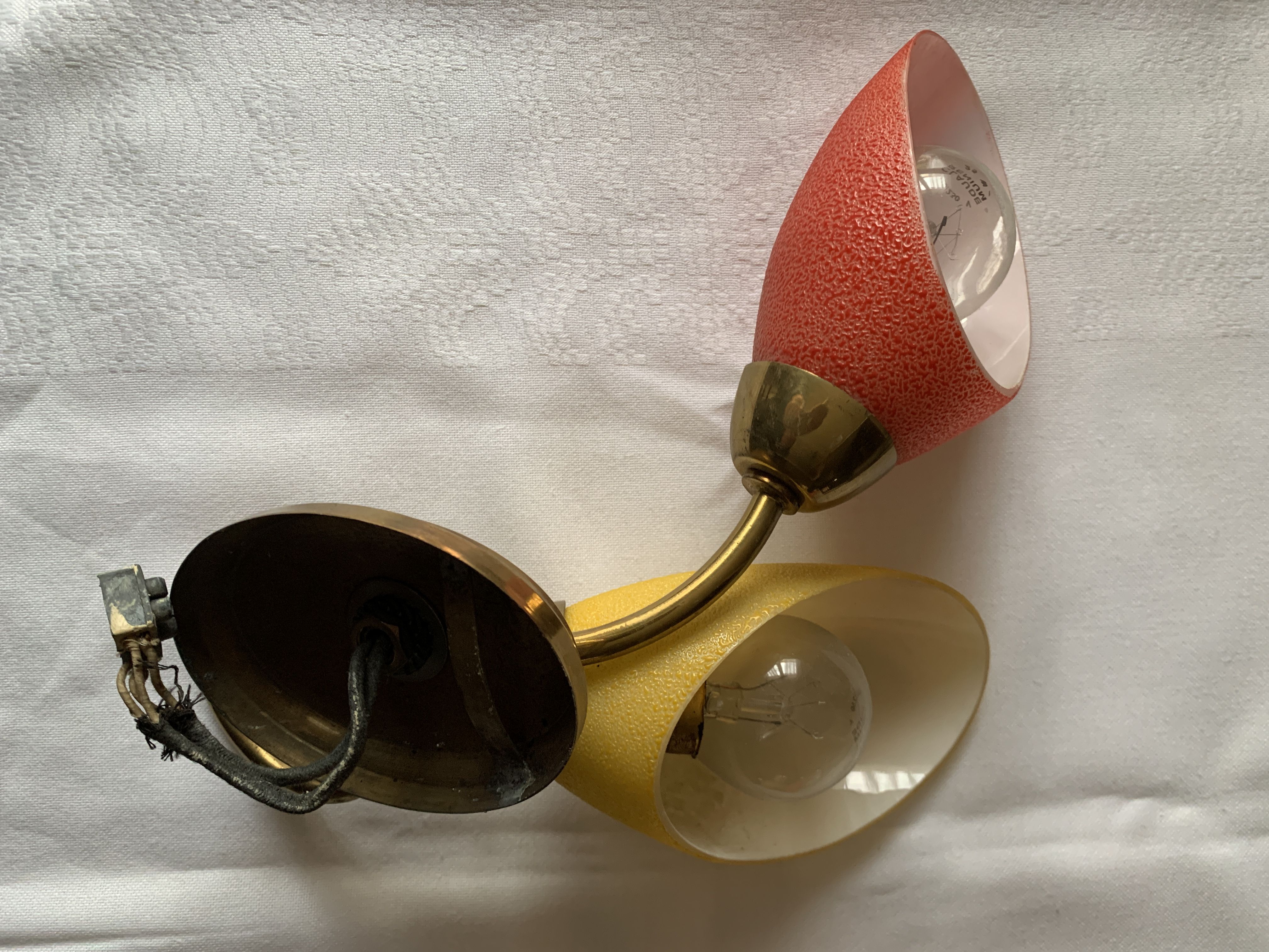 Pair of double wall lamp in brass and opaline year 1960 bi-color