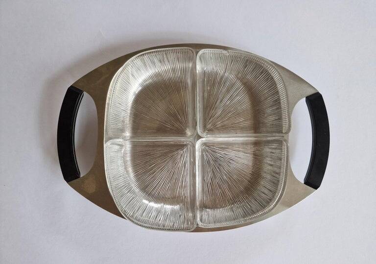 Midcentury Serving Plate Stainless Steel/Glass Cromargan, Germany, 1970s