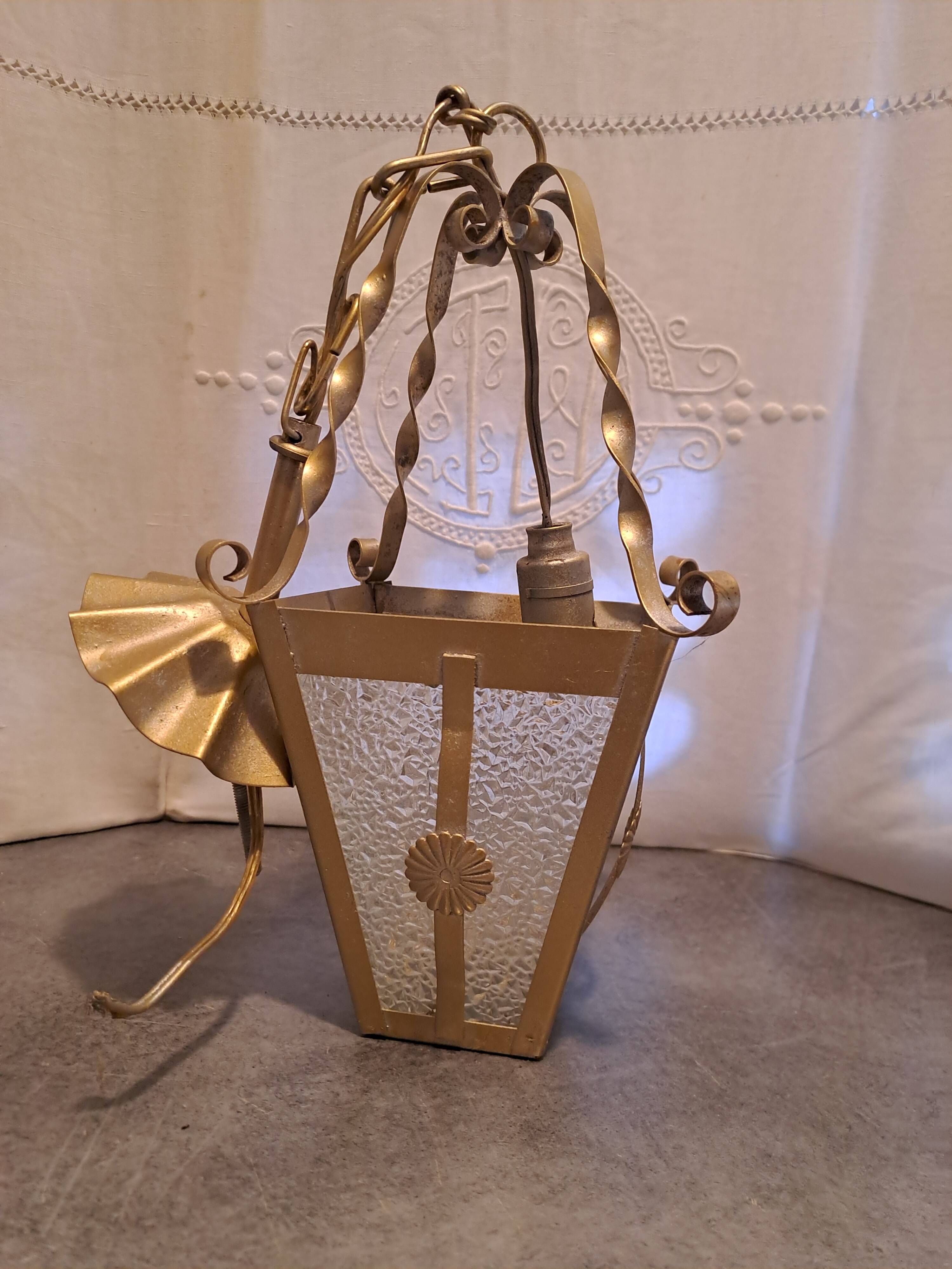 Interior pendant light Lantern ceiling light in gold metal and grained glass 1950 France