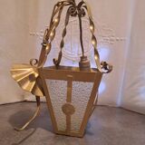 Interior pendant light Lantern ceiling light in gold metal and grained glass 1950 France