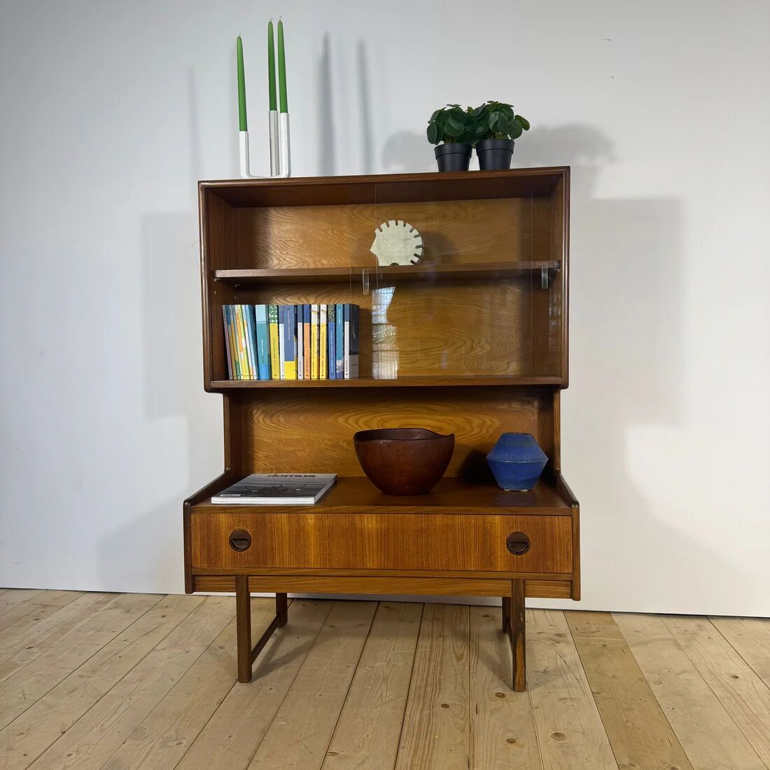 Vintage teak bookcase with glass doors – Scandinavian mid-century elegance