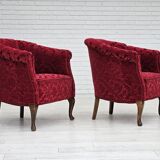 Paire de fauteuils lounge danois, années 1950, tissu rouge en coton/laine.