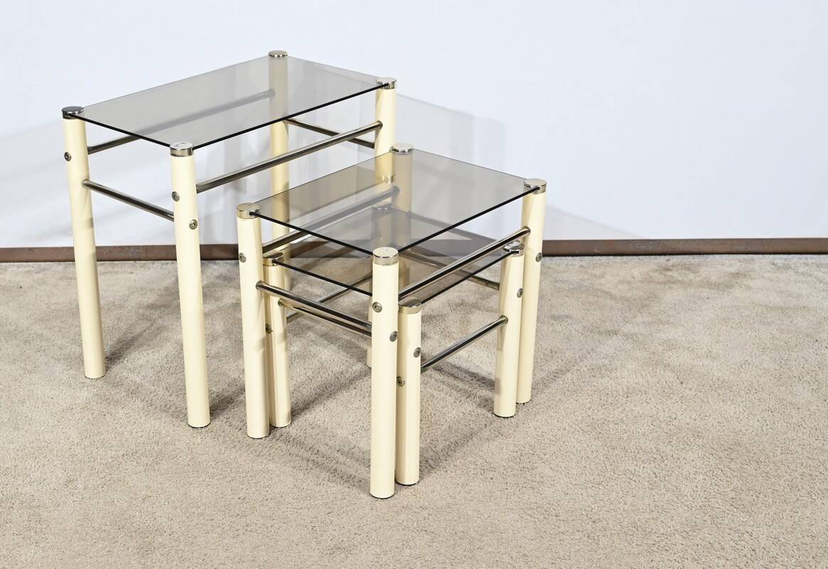 Tables Gigognes en Métal Beige, attribuées à Yves Boutboul – 1970