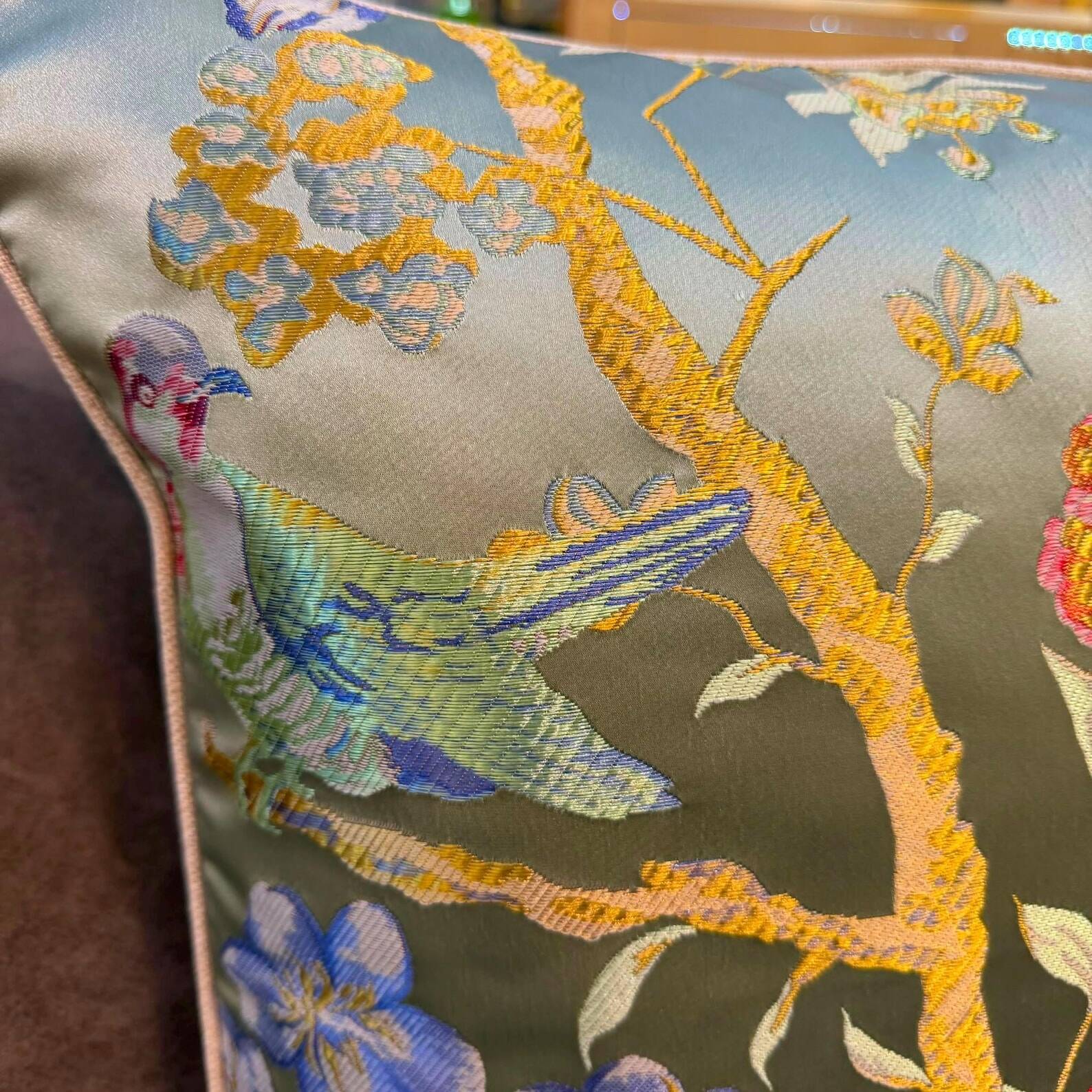 Chinoiserie Bird Cushion Cover, Cream Piped Silk Botanical Pillow