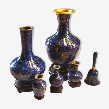 set of brass and cloisonné enamel vases with wooden base