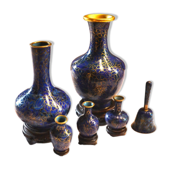 set of brass and cloisonné enamel vases with wooden base