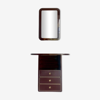 Chest of drawers and mirror in burgundy lacquer, 1980